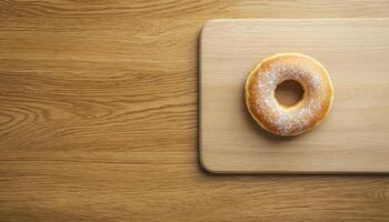 Delicious Glazed Donut on Wooden Board Copyspace Background Food Photography Minimalist Viewpoint photo