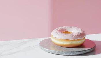 Delicious Pink Frosted Donut on Marble Surface Studio Setting Background Copyspace for Food Photography photo