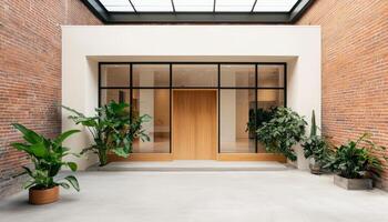 Modern Architectural Entrance with Greenery Bright Background Copyspace Indoor Environment photo