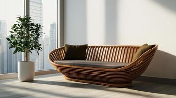Modern Rattan Sofa Design in Urban Apartment Minimalist Interior Bright Background with Copyspace photo
