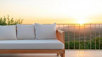 Serene Sunset Sofa View with Background Copyspace for Relaxation Outdoor Patio Modern Lifestyle photo