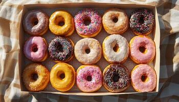 Delicious Colorful Donuts Box Outdoor Picnic Setting Food Photography Cozy Atmosphere Background with Copyspace photo