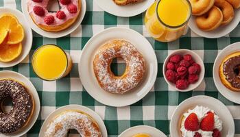 Delicious Donuts and Fresh Juice on a Picnic Table Bright Background Copyspace photo