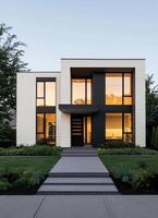 Modern Architectural Home with Landscape Evening Background and Copyspace for Design Inspiration photo