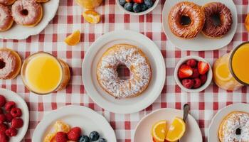 Delicious Donuts and Fresh Fruit Breakfast Table Setting Home Copyspace Background photo