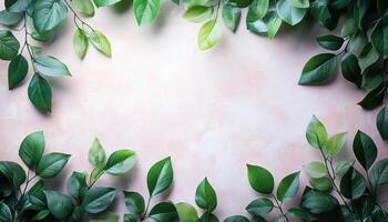 Lush Green Leaves Frame Nature Background with Copyspace Serene Garden Environment photo