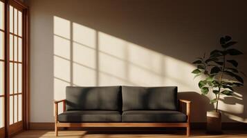 Modern Sofa in Minimalist Room Cozy Environment with Copyspace and Background Shadows photo