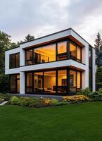 Modern House Architecture Suburban Area Exterior View Lush Garden Background Copyspace photo