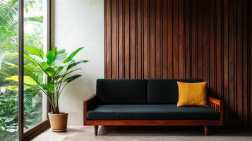 Modern Sofa in Natural Background with Copyspace Indoor Relaxation Minimalist Design photo