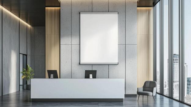 Modern Office Reception Area with Blank Background Copyspace for Branding Urban Environment High-Viewpoint photo