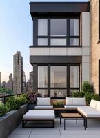 Modern Rooftop Lounge with City Background and Copyspace for Relaxation Urban Environment Daylight View photo