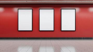 Empty Frames on Red Wall in Urban Gallery Background Copyspace for Art Modern Environment photo