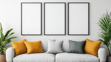 Stylish Sofa with Yellow Cushions Minimalist Living Room Blank Frames Background Copyspace Available photo