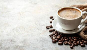 Freshly Brewed Coffee in White Cup Rustic Background Copyspace Available photo