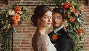 Romantic Wedding Portrait Rustic Venue Photography Floral Background Copyspace photo