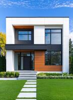 Modern Home Architecture with Green Lawn Background and Copyspace Urban Environment Front View photo