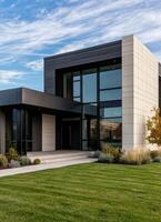 Modern Architecture Home Design Suburban Area Real Estate Outdoor Space Clear Sky Background and Copyspace photo