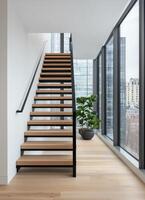 Modern Staircase Design in Urban Loft Minimalist Architecture Bright Background Copyspace photo