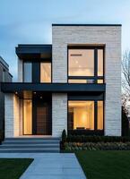 Modern House Exterior with Elegant Design Urban Setting Architectural Photography Evening Background Copyspace photo