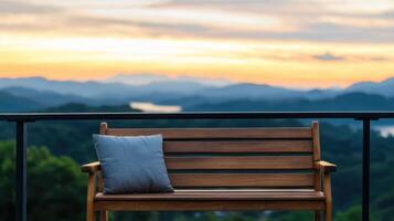 Relaxing Bench at Sunset Over Mountains Nature Background Copyspace for Text photo
