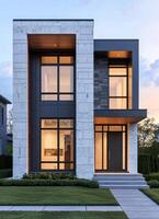 Modern Architectural Home Design Suburban Neighborhood High-Quality Image Clear Background Copyspace photo