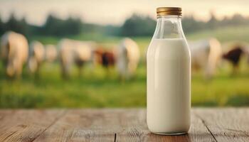 Fresh Milk Bottle on Wooden Table Farm Background Copyspace for Text photo