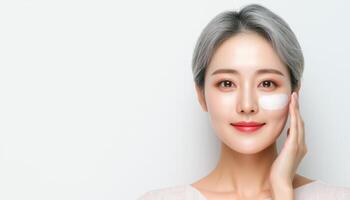 Skincare Routine Application Studio Portrait Clean Background Copyspace for Beauty Tips photo