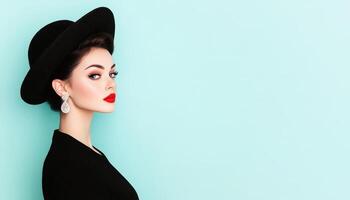 Elegant Woman in Black Hat Studio Setting Portrait Photography with Background and Copyspace photo