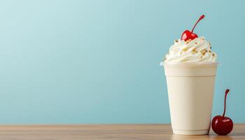 Delicious Ice Cream Cup with Cherry Light Blue Background Copyspace Available photo