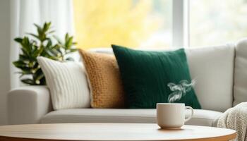 Cozy Coffee Moment Home Interior Still Life Natural Light Warm Background Copyspace photo
