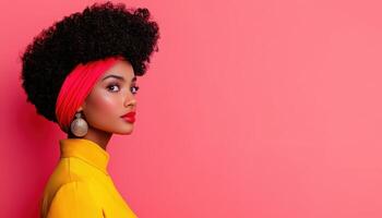 Stylish Woman with Afro Hair Pink Background Portrait Photography Studio Environment Copyspace Concept photo