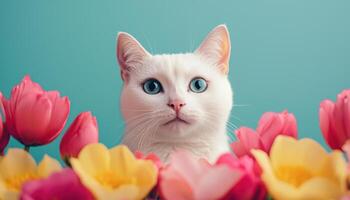 Curious White Cat Surrounded by Colorful Flowers Studio Background Copyspace for Personalization photo