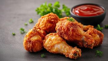 Delicious Fried Chicken with Ketchup Dark Background Copyspace Food Photography photo
