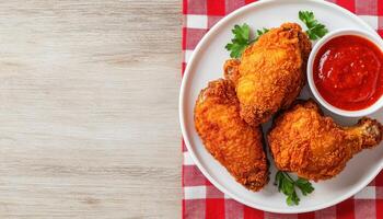 Fried Chicken Delicacy Dining Table Food Photography Rustic Environment Top View Background with Copyspace photo