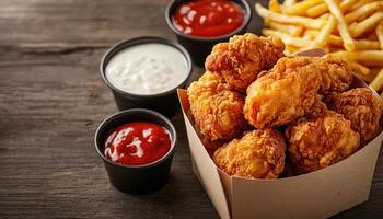 Crispy Fried Chicken with Dipping Sauces Restaurant Table Setting Food Photography Rustic Background Copyspace photo