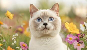 Playful Cat in a Colorful Flower Field Outdoor Scene Nature Background Copyspace Available photo