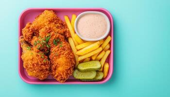 Delicious Fried Chicken Meal with Fries and Pickles Vibrant Background Copyspace for Food Lovers photo