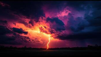 Dramatic Lightning Strike Over Fields at Dusk Nature Scene Background with Copyspace photo