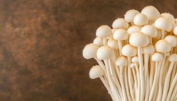 Fresh White Mushrooms Bunch Rustic Background Food Photography Natural Lighting Culinary Concept with Copyspace photo