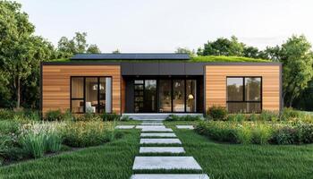 Modern Wooden House in Lush Green Landscape with Background Copyspace photo