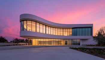 Modern Architectural Marvels at Dusk Sleek Urban Landscape Photography Vibrant Skies Captivating Viewpoint photo