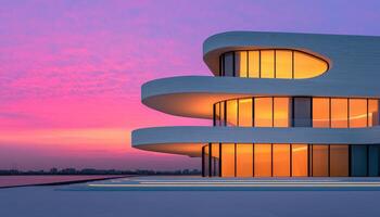 Modern Architectural Marvel at Sunset Waterfront Location Serene Background Building Design Concept photo