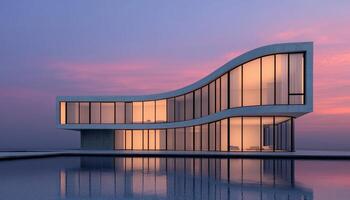 Serene Sunset Reflection Modern Architecture Minimalist Design Tranquil Water Background Peaceful Concept photo