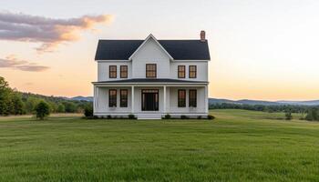 Charming White House in a Scenic Field Real Estate Photography Open Background Copyspace photo
