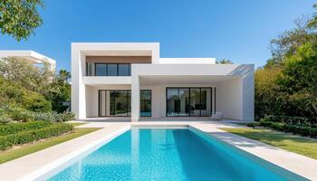 Modern Architectural Villa with Pool Scenic Background Copyspace Luxurious Outdoor Setting photo