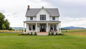 Charming Modern Farmhouse Exterior Scenic Countryside High-Quality Image Open Background Copyspace photo