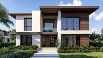 Modern House Architecture in a Lush Landscape with Background Copyspace for Design Ideas photo