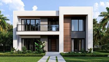 Modern House Exterior with Lush Green Background and Copyspace Tropical Environment Front View photo