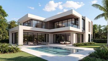 Modern Villa Architecture with Swimming Pool Tropical Environment Background Copyspace photo