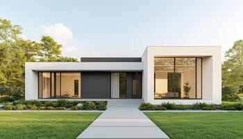 Modern Architecture House Design Suburban Landscape Image with Background and Copyspace photo